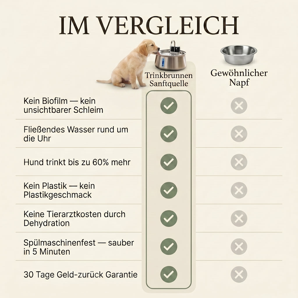 Sanftquelle – Trinkbrunnen für Hunde aus Edelstahl, kabellos