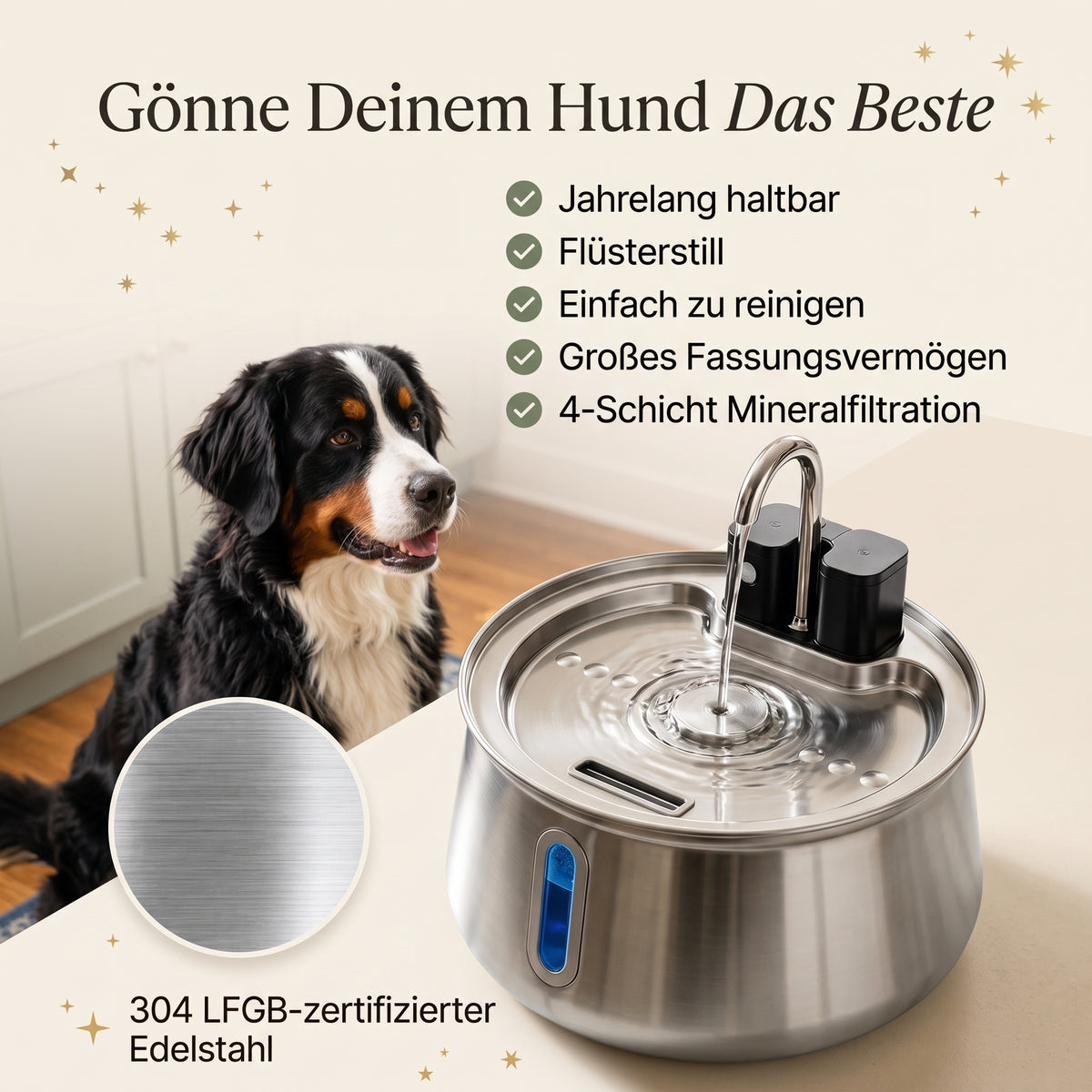 Sanftquelle – Trinkbrunnen für Hunde aus Edelstahl, kabellos