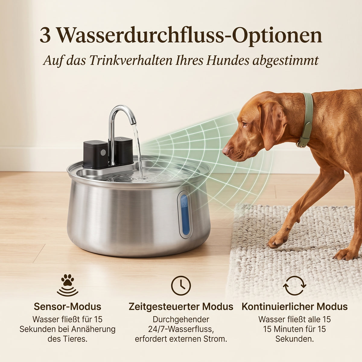 Sanftquelle – Trinkbrunnen für Hunde aus Edelstahl, kabellos