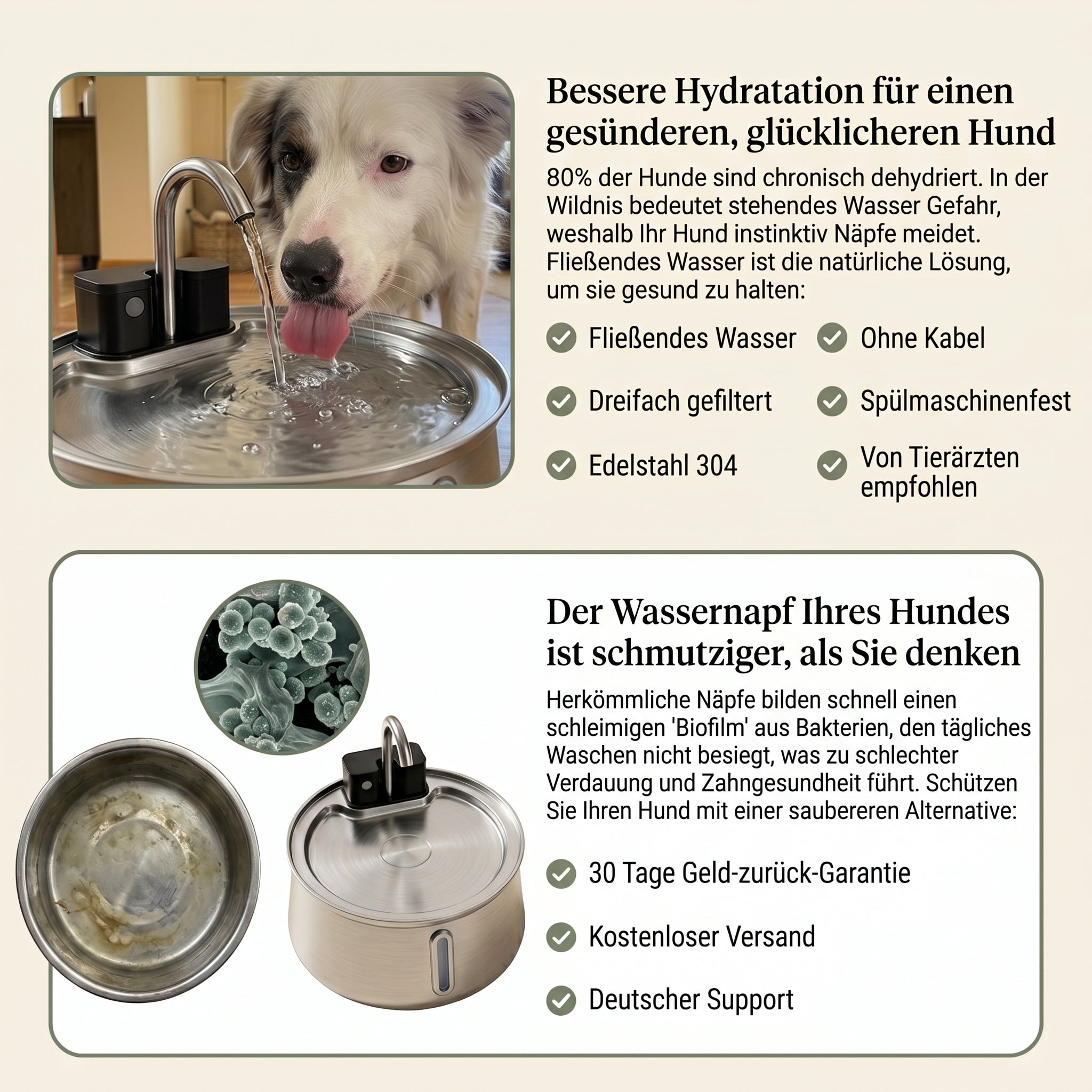 Sanftquelle – Trinkbrunnen für Hunde aus Edelstahl, kabellos