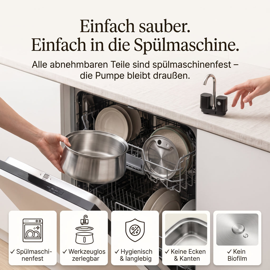 Sanftquelle – Trinkbrunnen für Hunde aus Edelstahl, kabellos
